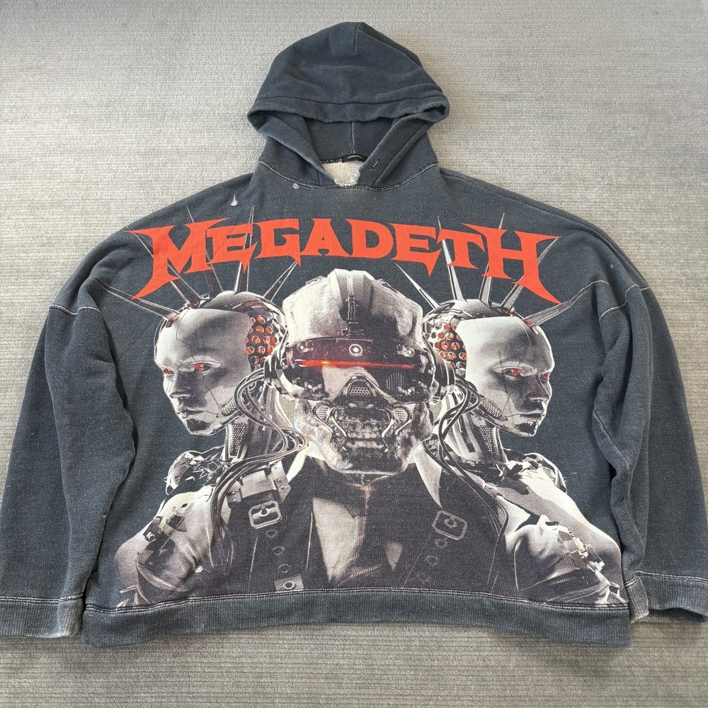 R13 Hoodie Pullover Sweater Men L Gray  Megadeth Cyberbot Rock Grunge Thrashed